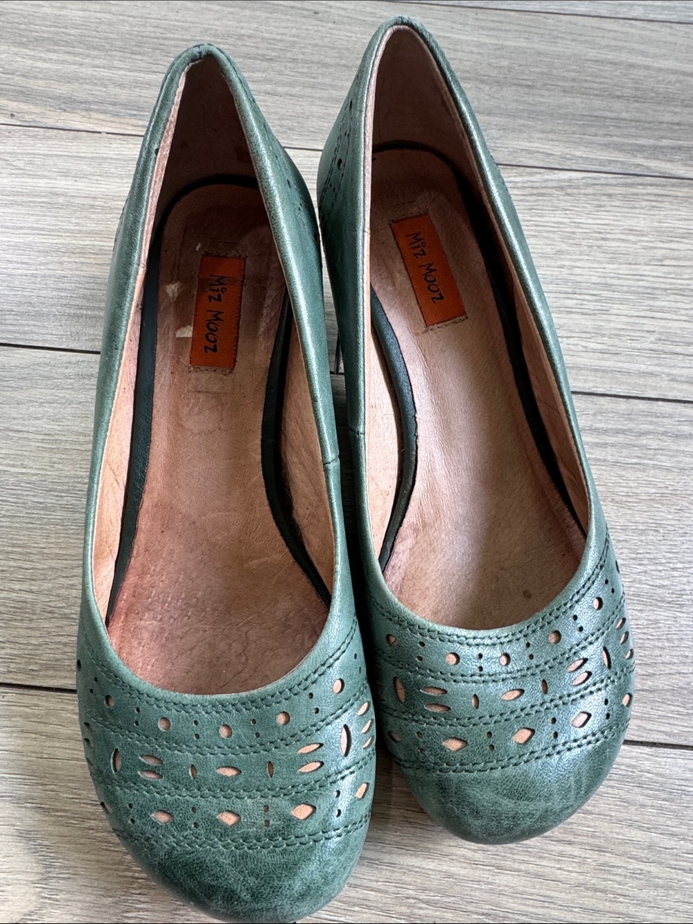 Miz Mooz Teal Green Perforated Leather Slip-On Flats
